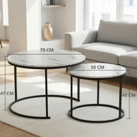 Ensemble de 2 tables basses rondes imbriquées avec plateau en faux marbre et structure en métal noir, tables d'appoint pour salon, chambre et petits espaces