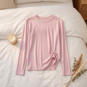 T-shirt coréen à manches longues pour <span class=keywords><strong>femme</strong></span>, col rond, coupe ajustée, en <span class=keywords><strong>laine</strong></span> respirante, anti-boulochage, avec logo, couleur unie, collection printemps - Product Image 1