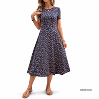 Robe florale de style européen et américain pour femmes, à manches courtes, robe imprimée élégante de longueur moyenne pour femmes. ODM OEM