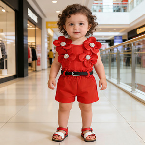 Ensemble 3 pièces pour filles de 0 à 3 <span class=keywords><strong>ans</strong></span>, haut sans manches en tricot tridimensionnel à imprimé floral, short et <span class=keywords><strong>ceinture</strong></span>, décontracté pour l'été - Product Image 3