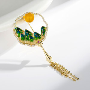 Muyu Traditional Chinese Style Mountain River Moon Fan Brooch Enamel Tassel Women's Cheongsam Accessory - Product Image 4