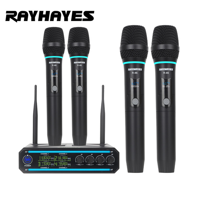 RAYHAYES R-86 4 Channel Wireless Microphone System Dual Handheld Uhf Professional Karaoke Microphone