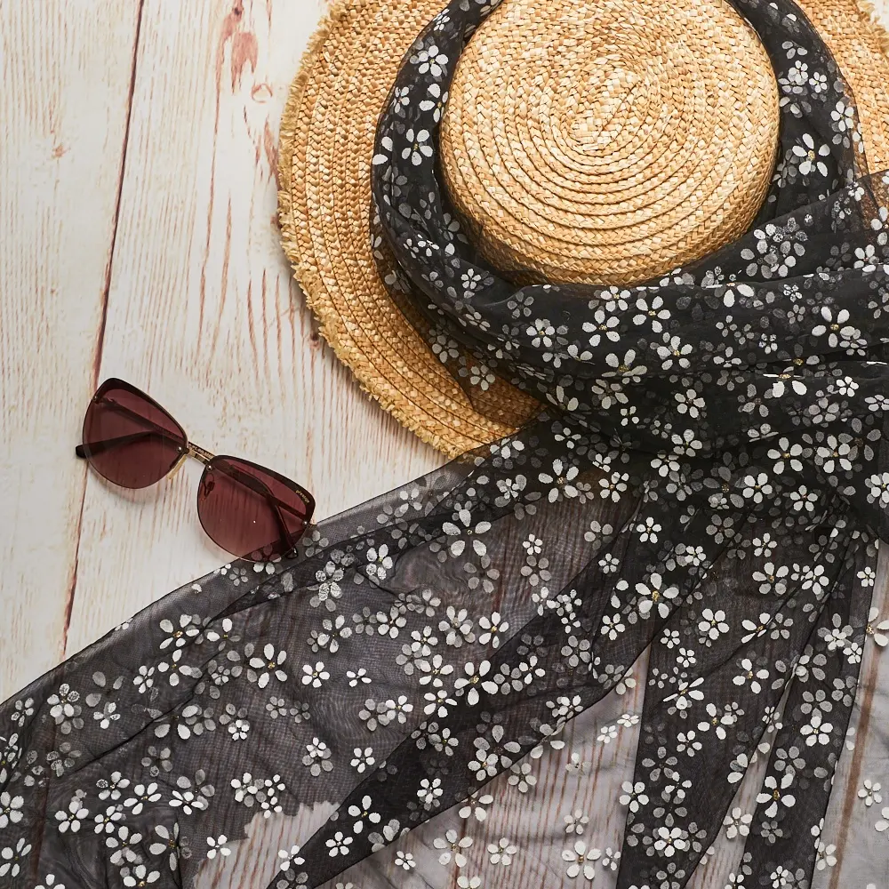 New Design Summer Flower Pattern Stretch Designed Textile Print Foil Soft Roll Bolt Tulle Fabric For Dress