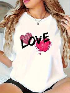 T-shirt da donna con stampa Love Heart, vestibilità ampia, girocollo, manica corta, casual, in jersey di cotone bianco, top alla moda primavera estate - Product Image 3