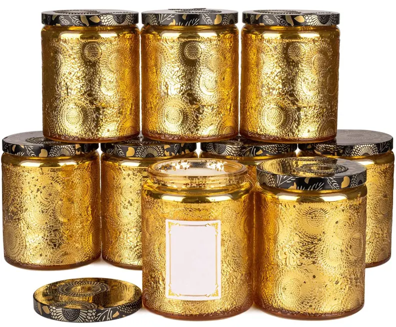 Bote de cera de vidrio con relieve dorado brillante, vela perfumada con cielo estrellado, frasco con tapa con pegatinas de sabor, 8oz