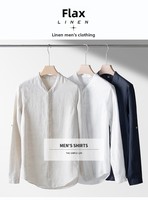 Chemise décontractée homme col mandarin en lin et coton, coupe ajustée, manches longues, style chinois, couleur unie, style fin, printemps/été