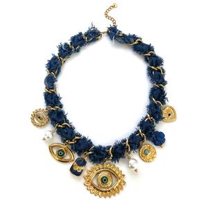 Nouveau Collier Tendance en Acier Inoxydable Plaqué Or pour Femme, <span class=keywords><strong>avec</strong></span> Pendentif Cœur, Yeux <span class=keywords><strong>Mal</strong></span>éfiques et Perles d'Imitation, Chaîne en Corde de Denim Bleu, Fait Main - Product Image 1