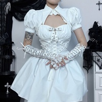 Ensemble 2 pièces pour femme, couleur unie, style décontracté - Mini-robe corset à manches bouffantes avec corsage à lacets, détails croisés et col rabattu, pour soirée