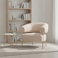 Fauteuil de salon moderne de luxe avec structure en métal doré, dossier en bois massif, design durable et écologique, idéal pour le salon, le bureau à domicile