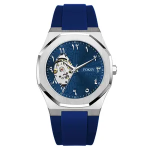 Top Selling Luxe Oem Arabisch Nummer Blauw Automatische Mannen Pols Siliconen Horloge Voor Private Label