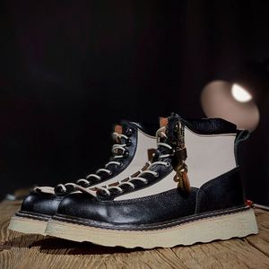 Bottes de travail pour hommes - Bottes courtes à la cheville de style vintage américain, à semelle épaisse, antidérapantes, en cuir véritable, doublées de polaire, chaudes - Product Image 6