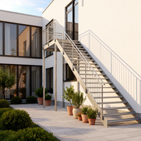 Marches d'escalier extérieures en acier galvanisé antidérapantes avec garde-corps en fer forgé, design moderne, installation par boulons, garantie 5 ans