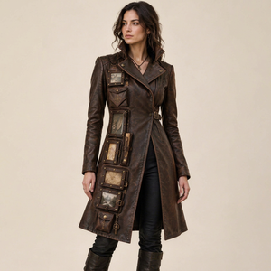 Manteau trench en cuir pour femme avec poches vintage et ceinture - Product Image 1