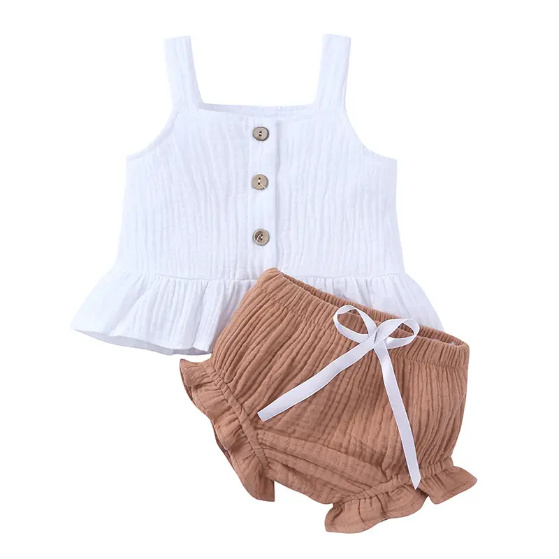 Set Pakaian Musim Panas Bayi Perempuan Baru Lahir, Atasan Rompi Sling Tanpa Lengan + Celana Pendek Ruffles, Pakaian Katun Linen