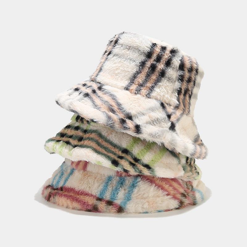 FF3050 Vintage Women Checked Fisherman Cap Wide Brim Plush Fur Winter  Bucket Hat Winter Warm Plaid Fluffy Furry Fuzzy Bucket Hat