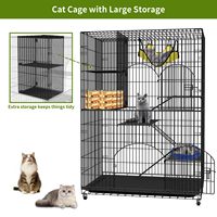 Cage à chat en fil métallique noire assemblée avec rangement intégré, étagères multi-niveaux, lit de couchage doux, roulettes mobiles, durable pour l'intérieur/l'extérieur
