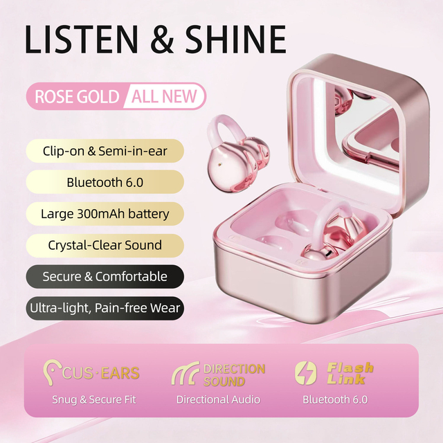 M161 OWS Sport Wireless Ear Clip Earbuds 2 in 1 Charging Case Built-in Makeup Mirror & Fill Light Bluetooth Headphones for Women