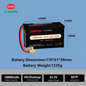 Batterie de drone Viwipow haute performance 6S 10000mAh 22.2V 50C, batterie semi-solide LiCoO2 Cathode XT90, prise personnalisée - Product Image 1