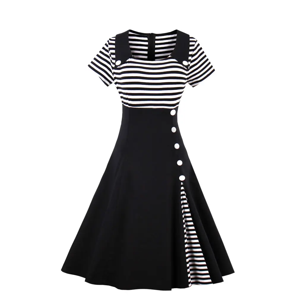 Hot Sell Casual Party Wear Stripe Elegant Black Navy Plus Size Ladies A-line Skirt Women Dress