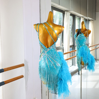 Robe de danse latine professionnelle pour enfants, costume de compétition de salsa et de samba, plumes d'autruche turquoise, performance, polyester/rayonne