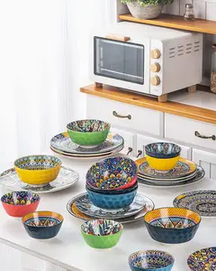 Bohemian Style Ceramic Salad Soup Bowls 30 Oz Deep Colorful Porcelain Serving Bowls For Cereal