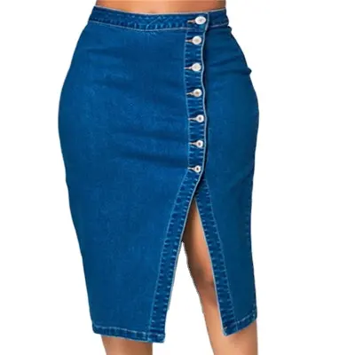 Jupe crayon en jean bleu, taille haute, pour femmes, tenue de bureau, Sexy, Denim, boutons, bleu, 2020, QA208