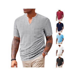 Chemise à manches courtes pour homme en coton, col en V, coupe ample, respirante, couleur unie, vêtement décontracté, tissu jacquard, taille M - Product Image 4