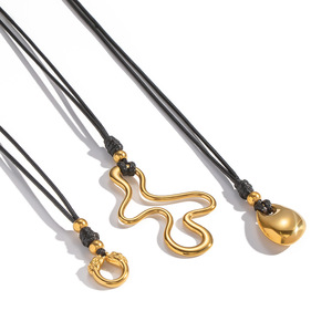 时尚水滴金豆几何吊坠黑色皮绳可调长款万能项链饰品厂家批发 - Product Image 6