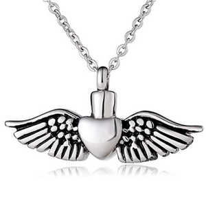 Collier Urne Commémorative Vintage Ailes d'Ange Chrétien en Acier Inoxydable Plaqué Argent, Pendentif Cœur Ailes pour Cendres de Crémation, Souvenir - Product Image 1