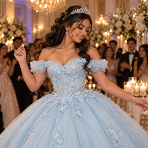 Lsdz023-Pz Charming Powder <b>Blue</b> Cold Shoulder Pleated Cap Sleeve Embroidered Leaf Lace <b>Ball</b> <b>Gown</b> Quinceanera Dress Jancemebr - Product Image 4