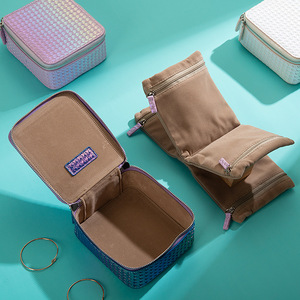 Boîte à bijoux portable en cuir PU avec fermeture éclair, étui de rangement léger et élégant pour colliers et bracelets, idéal pour les voyages - Product Image 1