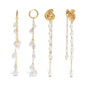 Boucles d'oreilles élégantes à pampilles et perles, plaquées or, design géométrique, bijoux de fête pour femmes - Product Image 1