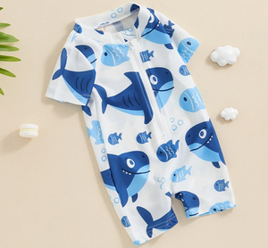 2025ชุดว่ายน้ำเด็กผู้ชายชุดว่ายน้ำชายหาดสำหรับฤดูร้อนชุดว่ายน้ำแขนสั้นมีซิปพิมพ์ลายทะเลน่ารักลำลอง - Product Image 3