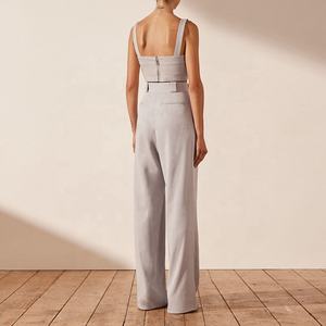 Nuovo abito <span class=keywords><strong>in</strong></span> cotone e <span class=keywords><strong>lino</strong></span> con scollo a V abito abito corto estivo a vita alta pantaloni larghi 2 pezzi Set abiti eleganti da ufficio - Product Image 4