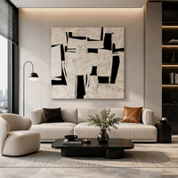 Peinture à l'huile abstraite peinte à la main, art géométrique noir et blanc sur toile, taille personnalisée, fournisseur en gros pour hôtels et maisons