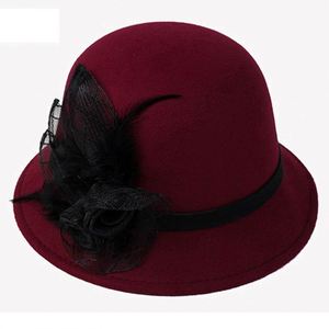Wholesale Spring and Autumn New Elderly Women Woolen Net Flower Bowler Hat Old Lady Pot Winter Wool Fedora Hat - Product Image 1
