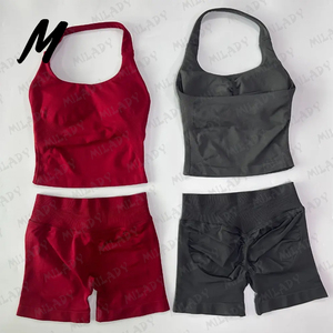 Completo Sportivo da Donna 2 Pezzi con Logo Personalizzato, Top Corto Halter e Pantaloncini, Sexy Set da Allenamento <span class=keywords><strong>per</strong></span> <span class=keywords><strong>Palestra</strong></span>, Asciugatura Rapida, Effetto Seconda Pelle, <span class=keywords><strong>per</strong></span> Yoga - Product Image 4