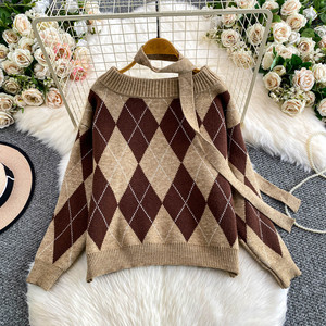 Women'S Chic Off Shoulder Ribbon <strong>Sweater</strong> With Diamond Pattern <strong>Knit</strong> Skirt Two Piece Set for Petite - Product Image 3