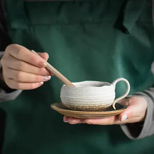 Taza de café expreso de piedra en forma de huevo, juego de regalo Retro con mango, caja personalizada, tazas de cerámica con platillo