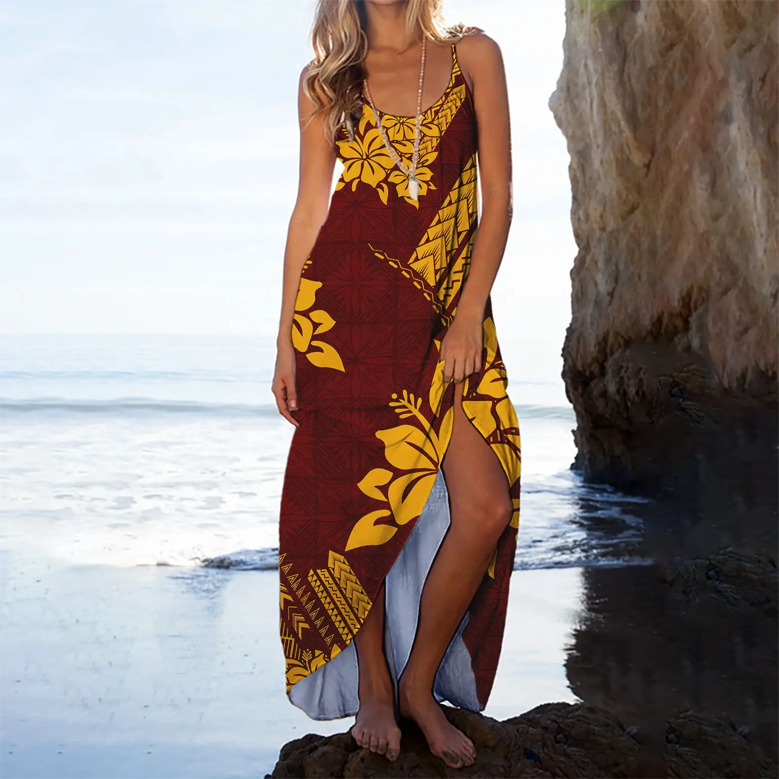 Robe longue et sexy à imprimé hibiscus pour femmes, robe à bretelles, motif tribal polynésien, île du pacifique, livraison directe