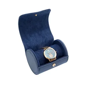 Mexda Luxury Vintage Genuine Leather Handmade Watch Case Round Shape Roll Pu Leather Watch Storage Boxes With Pillow Insert