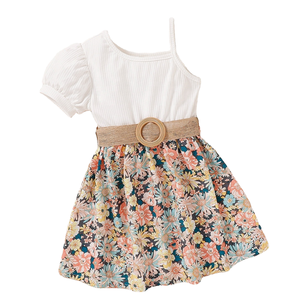 Vestido de Verano Elegante e Informal para Niñas, Estilo Princesa, Un Hombro Descubierto, Estampado Floral, Falda con Parches, Largo hasta la Rodilla, Decoración con Lazos para Niñas - Product Image 4