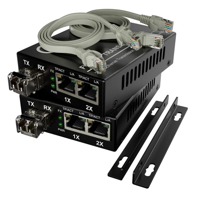 OEM ODM Dual RJ45 Ports Pair of Fiber Media Converters Gigabit Ethernet MM LC 850nm SFP Included Full Kit with Cables Mounts 101