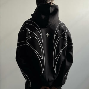 Sweat à capuche surdimensionné en molleton lourd avec bordure contrastée personnalisée, fermeture éclair intégrale, style streetwear vintage Y2K, lignes techniques gothiques pour hommes - Product Image 2