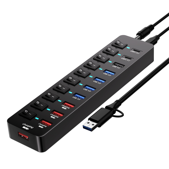 Cross Border 11-Port 10Gbps USB-C 3.2 2*USB-C 3.2 4*USB 3.0 Hub with Fast Charging Individual Switches 36W Power Adapter Stock