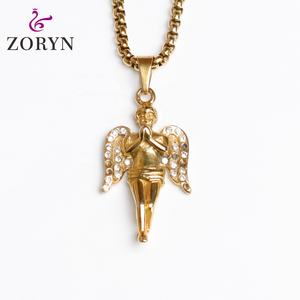 Pendentif ange priant plaqué or, cristal, strass, chérubin, religieux, hip hop, vintage, bijoux en acier inoxydable pour hommes et femmes - Product Image 1