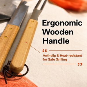 304 Stainless Steel 3Pcs BBQ <b>Tool</b> Set Wooden Handle with Black Hanging <b>Rack</b> - Product Image 3