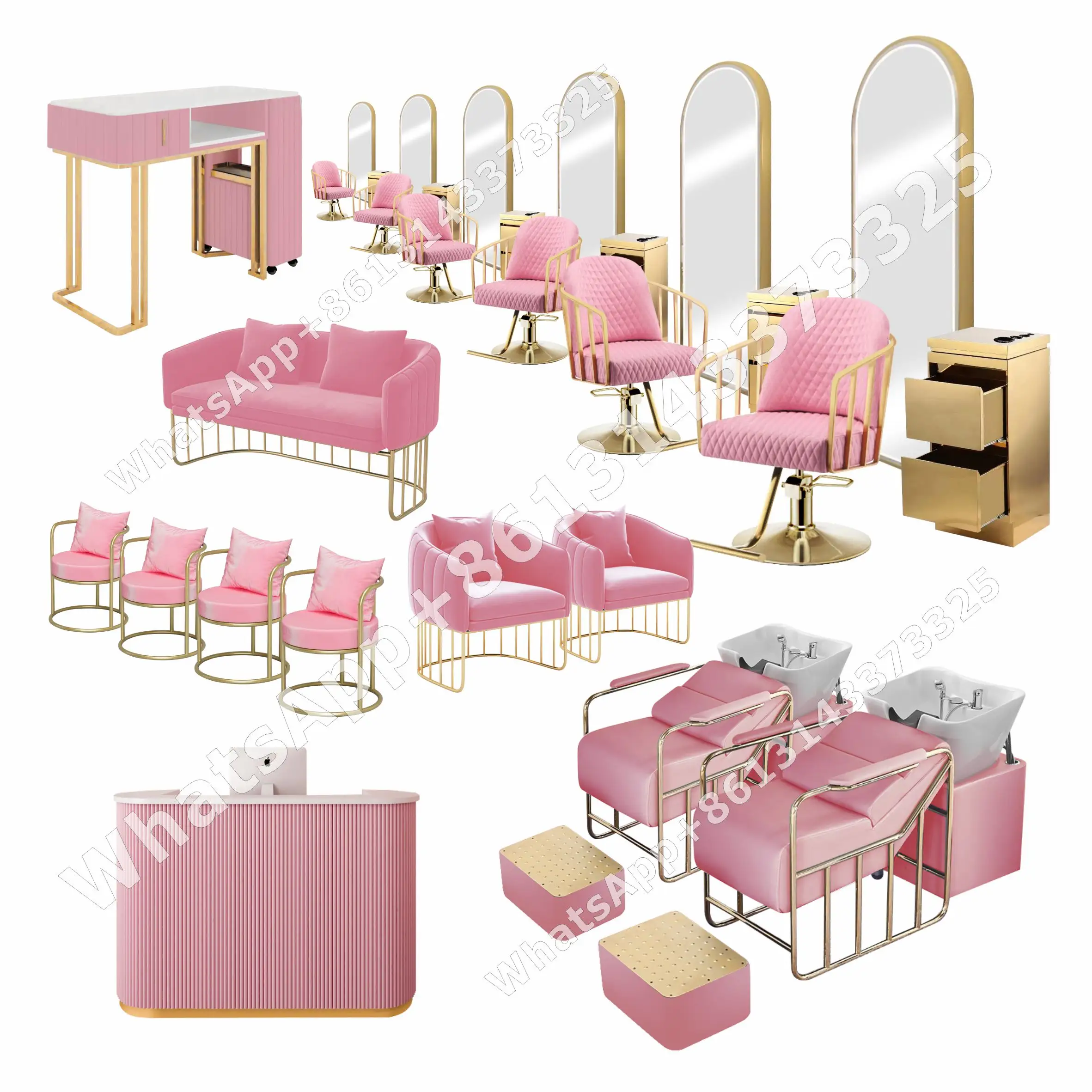 Conjunto de muebles modernos para salón de belleza, conjunto de salón de belleza personalizado de fibra de vidrio, color dorado y rosa, 2021