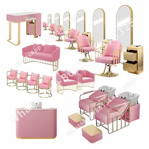 Conjunto de muebles modernos para salón de belleza, conjunto de salón de belleza personalizado de fibra de vidrio, color dorado y rosa, 2021