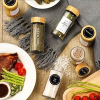 Juego de 12 Frascos de Vidrio para Especias de 100 ml con Tapa de Bambú para Cocina, Venta al por Mayor, MOQ Bajo